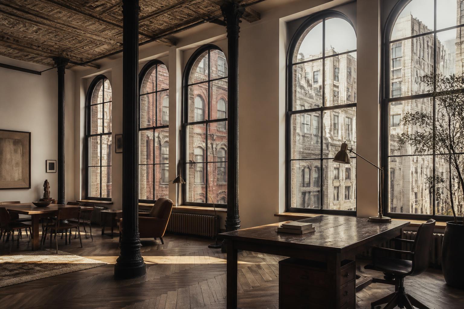 NoMad loft interior — tall windows, open showroom floor, prewar columns